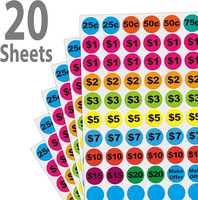 Removable Garage Sale Stickers, 1400 Pcs Yard Sale Price Stickers, 3/4" Round Preprinted Garage Sale Price Stickers Labels for Flea Markets, County Fairs & Retail