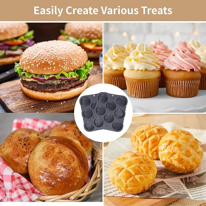 2 Pcs Hamburger Bun Molds, 8-Cup Burger Bun Pans with Spatula, Brush and Grab Glove, Silicone Egg Bite Molds, Silicone Muffin Pans for Baking, Dishwasher and Microwave Safe