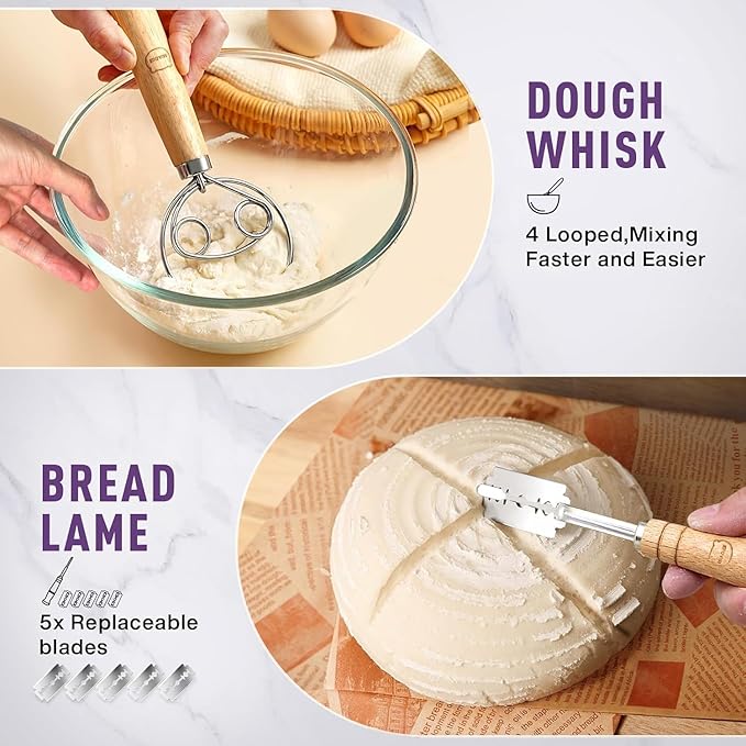 MIAOKE Sourdough Bread Baking Supplies Kit - Dough Whisk, Breads Lame, Proofing Baskets 10 Inch Round and 9 Oval, Dough Scrapers, Cooking Brush, Basket Liners Complete Sourdough Starter Bread Gift Set
