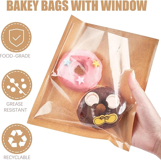 200 Pack Heat Sealable Bakery Bags with Window, Kraft Paper Grease Resistant To Go Cookie Bags for Packaging Donut, Pastries and other Treats (7.1 x 7.5 Inch)