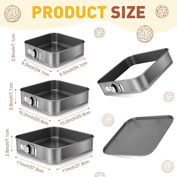 Zubebe Springform Cake Pan Square Non Stick Baking Pan 9.5, 10.2, 11 Inch, Set of 6 Leakproof Square Baking with Removable Bottom Cake Mold for Cheesecake Wedding, 3 Sizes