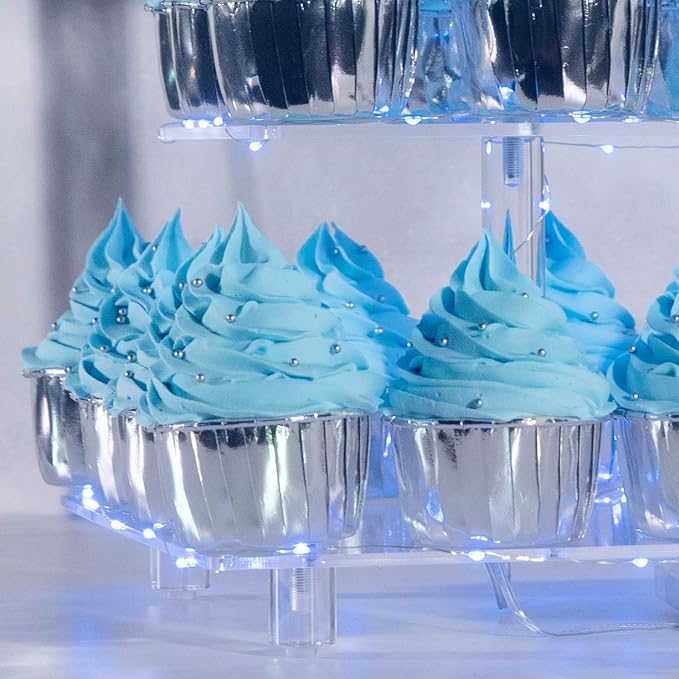 Cupcake Stand, 3-Tier Square Cupcake Holder with LED light String, Acrylic Cupcake Tower Display-Dessert Tower-Pastry Stand-Cupcake Tier Stand for Wedding, Birthday party ( Blue Light)