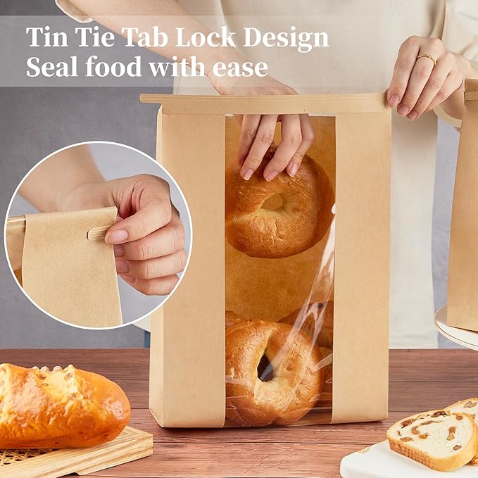 100 PCS Large Paper Bread Bags, 13.7 x 8.2 x 3.5 Inches Bakery Bags with Window, Homemade Bread Loaf Bags with Tin Tie Tab Lock and Seal Stickers