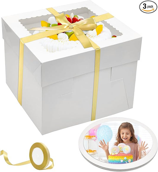 3 Pack Cake Boxes(10x10x8 Inches),White Bakery Boxes with Window,cardboard cake boxes,Cake Boards Decorating Supplies for Birthday,Mother's Day,Wedding,Party,Gift Giving,Cake Box 10 inch