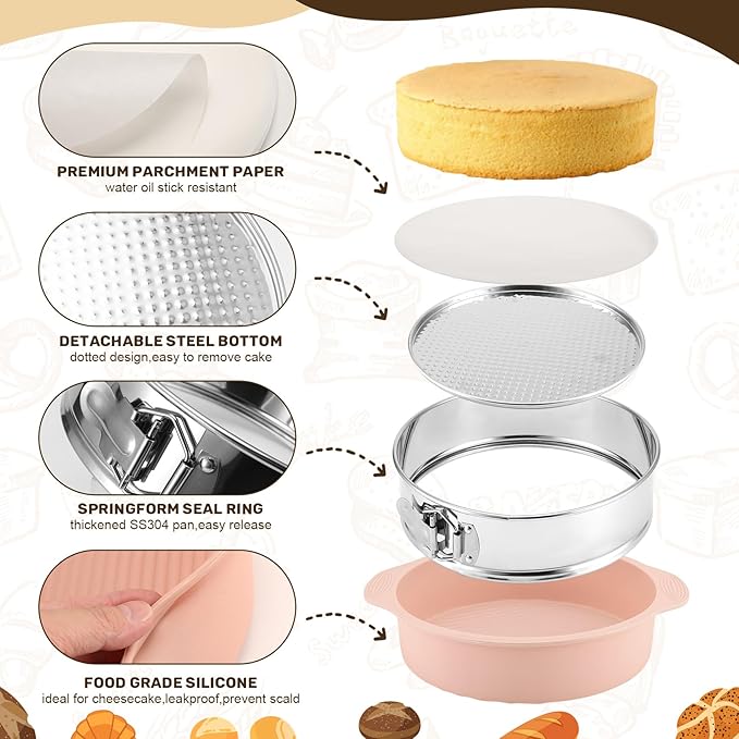 9 Inch Springform Pan sets, Nonstick Leakproof 304 Stainless Steel Springform Cake Pan with Removable Bottom, Silicone Pan Protector & 50PCS Parchment Paper, Piping Bags and Tips, Cake Leveler