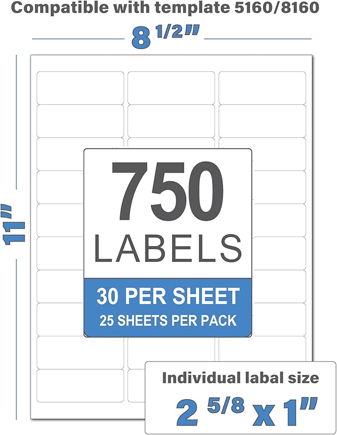 Perfect Peel Printable Address Labels, 1" x 2-5/8" Customizable Stickers, White, 750 Blank Mailing Labels, Great for Mailing, Shipping, and More (Compatible with 8160)