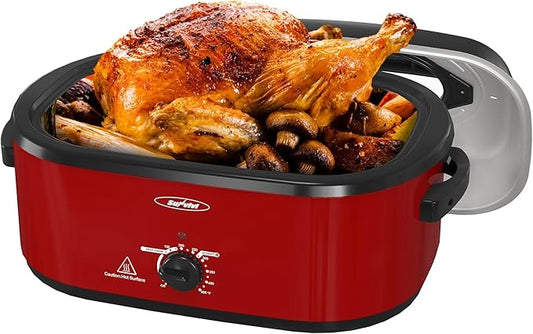 Sunvivi 26 Quart Roaster Oven, Electric Roaster Oven with Glass Lid, Turkey Roaster Buffet with Self-Basting Lid, Removable Pan, Cool-Touch Handles, Red
