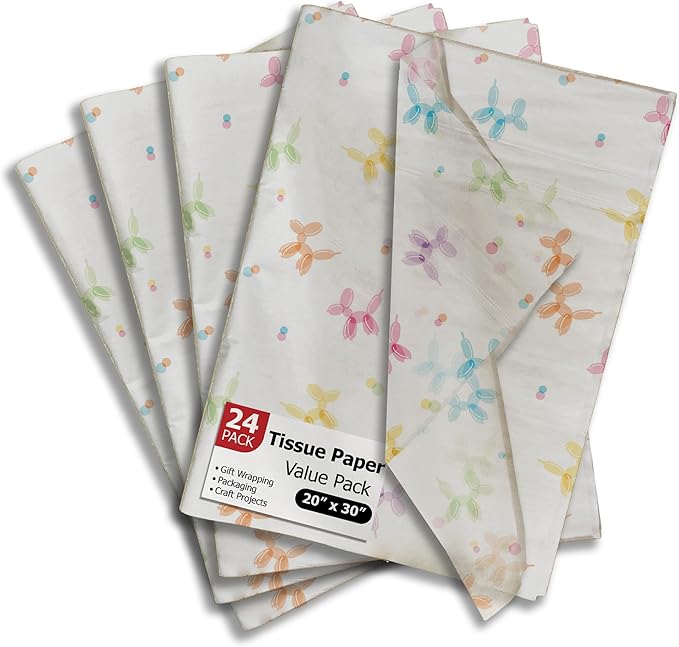 Pro Supply Global Balloon Dogs Printed Tissue Paper for Gift Bags or Boxes and Wrapping - Birthday Bulk Decorative Art Tissue Paper for Packaging and Gifting | 24 Sheets 20" x 30"