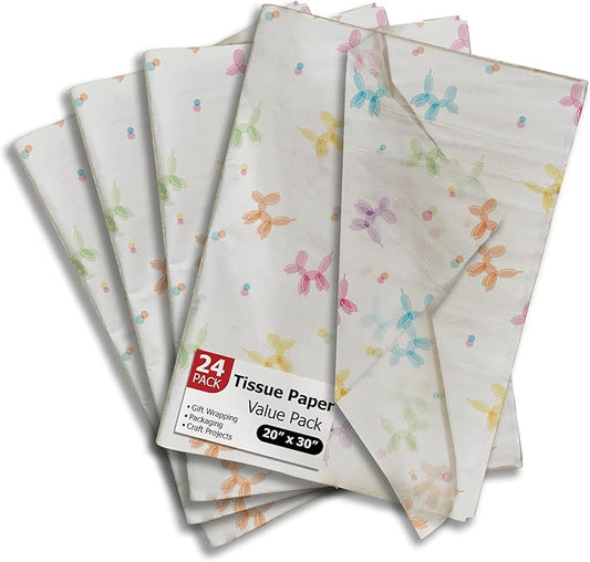 Pro Supply Global Balloon Dogs Printed Tissue Paper for Gift Bags or Boxes and Wrapping - Birthday Bulk Decorative Art Tissue Paper for Packaging and Gifting | 24 Sheets 20" x 30"