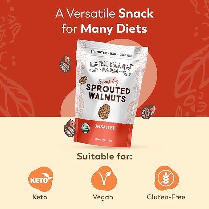 Lark Ellen Farm Organic Sprouted Walnuts – Raw, Unsalted, Keto-Friendly, Healthy Vegan Snack, Gluten-Free, 10 Oz, 3 Pack