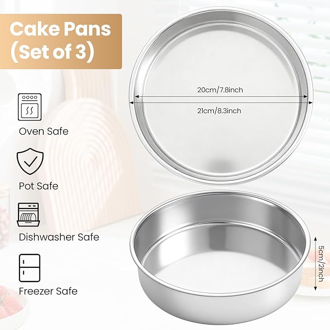 3 Pcs Round Cake Pans, 8 inch Stainless Steel Baking Pans for Birthday,Wedding,Party, Mirror Finish & Dishwasher Safe