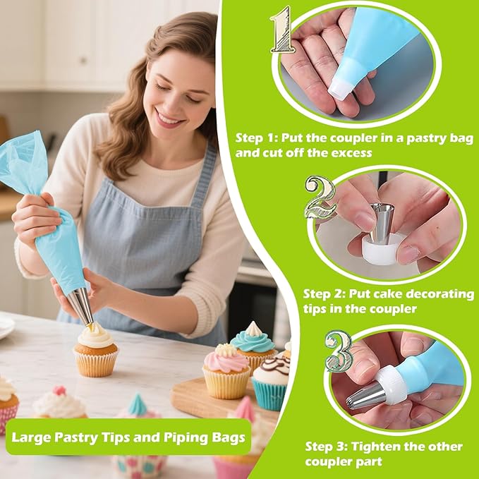 Suuker Large Piping Tips Set, Stainless Steel Cake Decorating Tips, Large Pastry Tips and Piping Bags, Frosting Icing Tips for Cupcakes, Cake, Cookie (1M 2D 2F 6B 2A)
