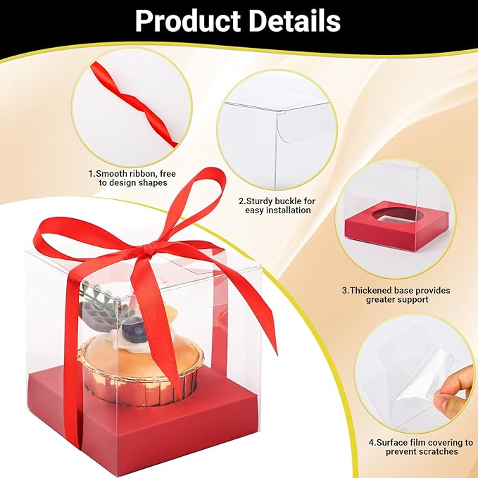 EUSOAR Clear Cupcake Wrappers, 24pcs 3.5 Inch Red Cupcake Carrier Storage for Cake Dessert, Plastic Individual Cupcake Boxes Cupcake Holder with Ribbon and Inserts for Wedding Birthday Party Favor