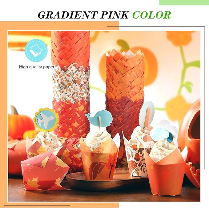 500 Counts Thanksgiving Tulip Cupcake Liners Birthday Party Muffin Cupcake Baking Liners Grease Proof Cake Liner Holders for Fall Christmas Halloween Birthday Party(Leaf)