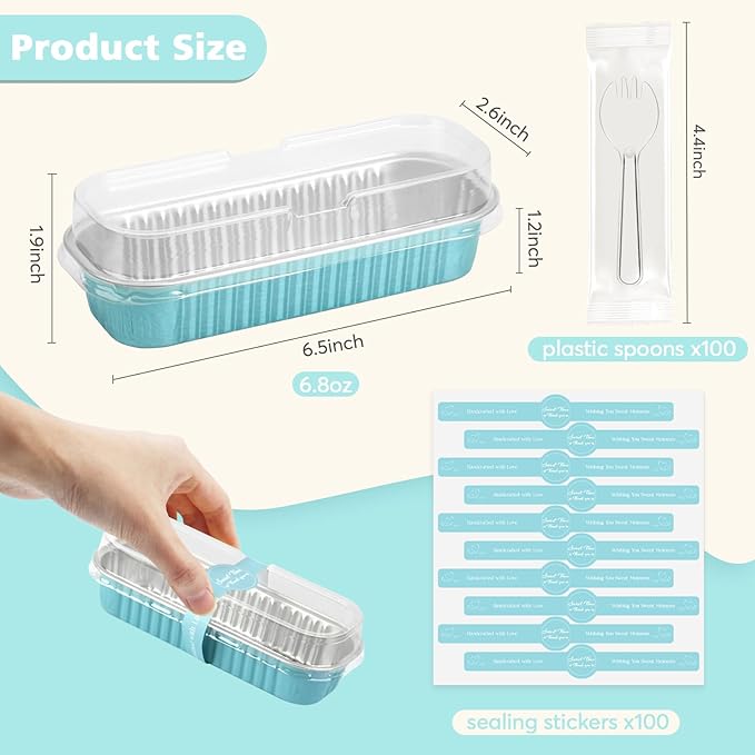 Ruckae 100 Pack Mini Loaf Pans with Lids and Spoons Disposable Aluminum Tin Foil Pans Rectangle Mini Loaf Cake Pan for Baking,Party,Picnics,Gifts Light Blue