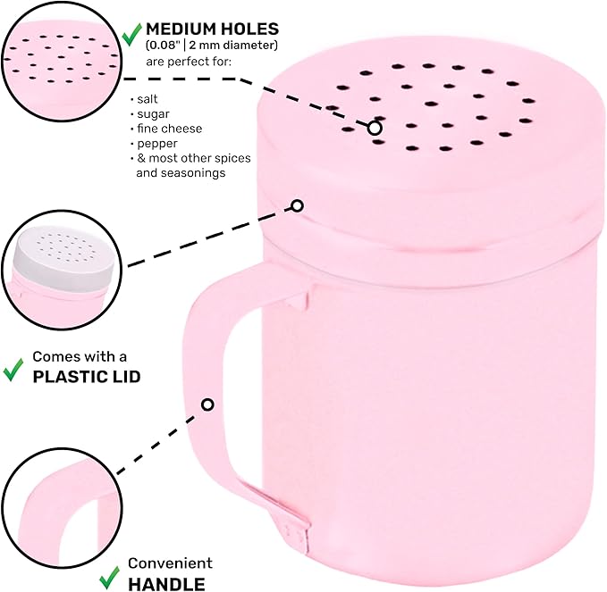 CUSINIUM 6oz Pink Stainless Steel Salt Pepper Dredge Shakers - With Plastic Cap - With Handle - Pack of 2
