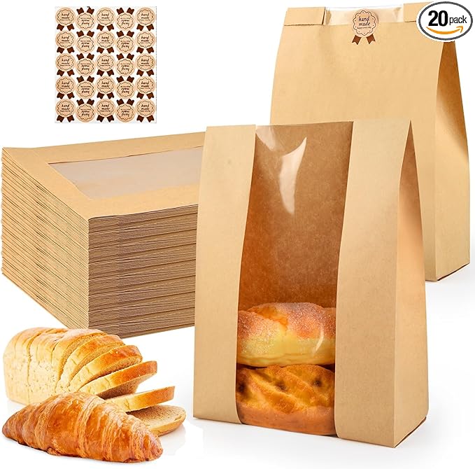 20 Pcs Bread Bags for Homemade, ROOKEA Sourdough Bread Bags with Window for Baked Paper Packaging with Sealing Stickers Bakery Cookie Food Snack Storage Large Kraft Paper 13.7x8.2x3.5 inch