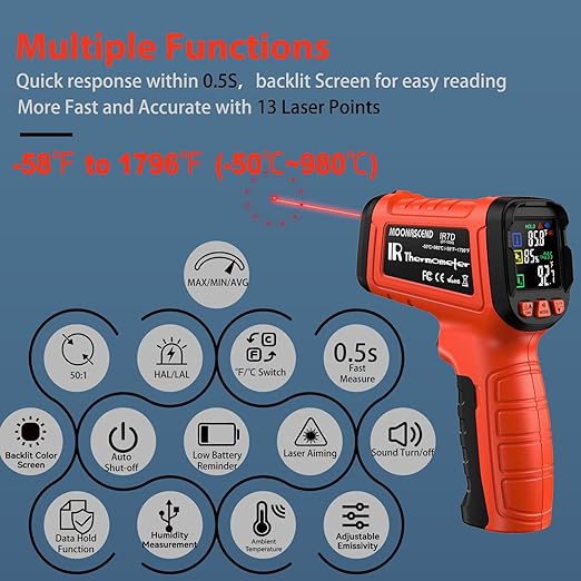 Infrared Thermometer Gun for Cooking, Include K-Type Probe for Humidity, -58°F to 1796° F Digital Laser Temperature Guns, 16:1 IR Temp Gun for Griddle, Pizza Oven, Engine, HVAC, Industrial & Home Use
