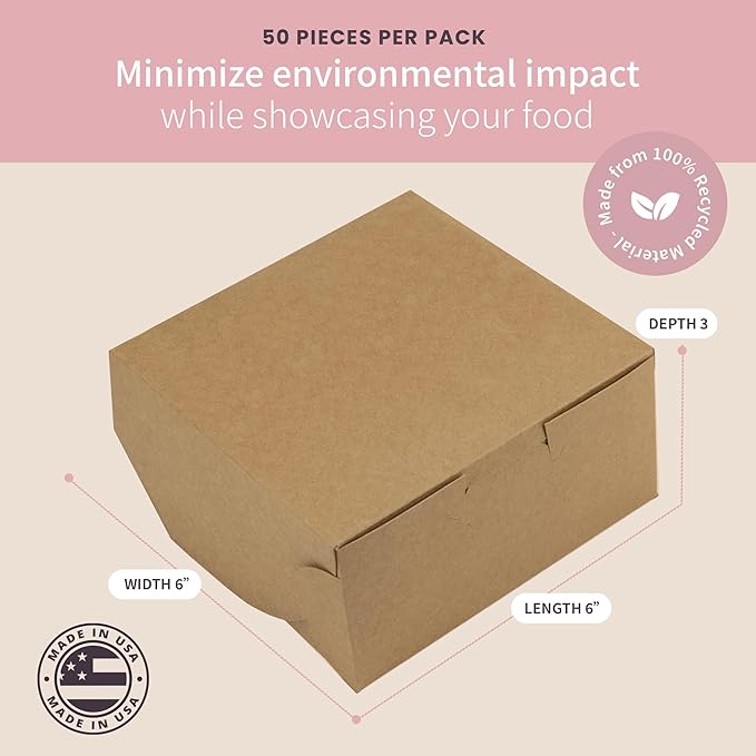 FC Meyer Bakery Boxes - Reversible 6” Classic Box For Pastries & Cookies, Secure Your Bakery Box With Special Side Panel Clips & A Front Tuck Lock, Made In USA, Size 6 x 6 x 3 (Pack of 50)