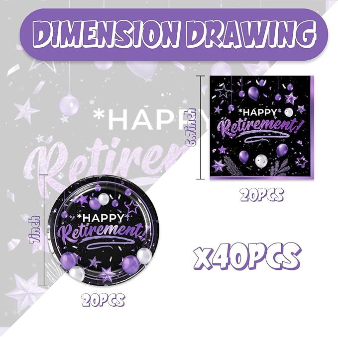 40pcs Retirement Party Decoration,include 20 dessert plate, 20 Napkin,Used for Black Purple Retirement Party Supplies