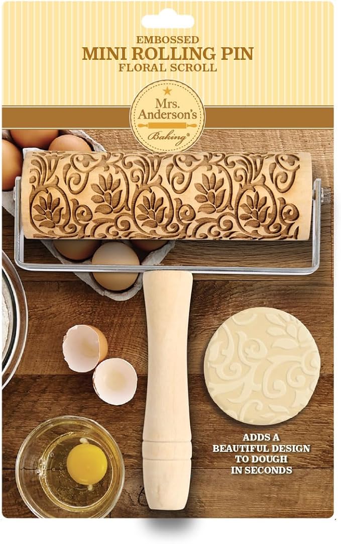 Mrs. Anderson’s Baking Mini Embossing Rolling Pin, Floral Scroll Design, Poplar Wood and Chrome-Plated Iron