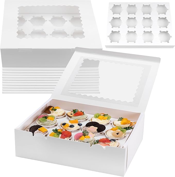 10 Set Cupcake Boxes Cardboard Cupcake with Pvc Window Picnic Containers with Inserts 12 Holders Dessert Containers for Packaging Transport Storage White Bakery Boxes for Egg Tarts Cookies Pastries