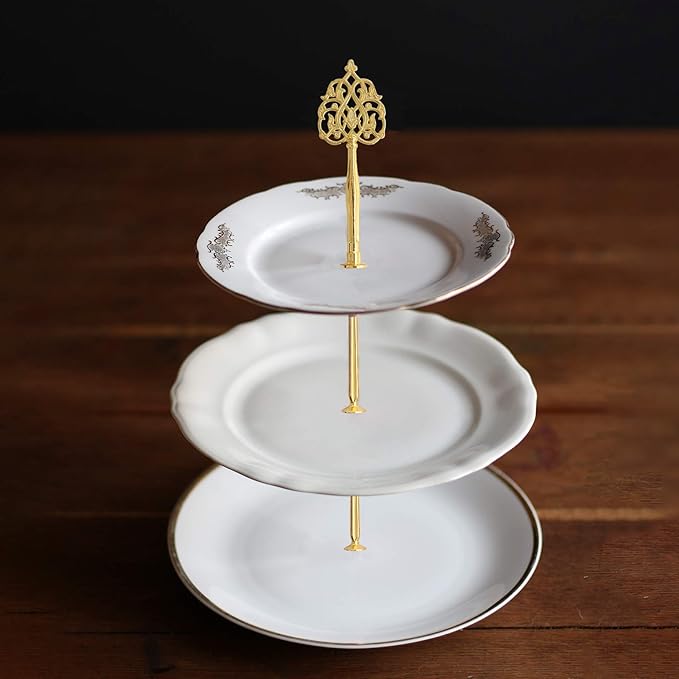 3 Tier 14" Heavy Metal Cake Stand Holder Fruit Plate Stand Fitting Hardware Rod with Stylus (Golden_New Crown)
