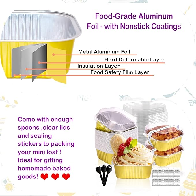 10oz Mini Cake Pans With Lids 50 Pack Aluminum Foil Square Brownie Baking Cups,Disposable Loaf Pans With Lids and Spoons Stickers,Large Cupcake Pans Muffin Tins Cake Container (Gold)