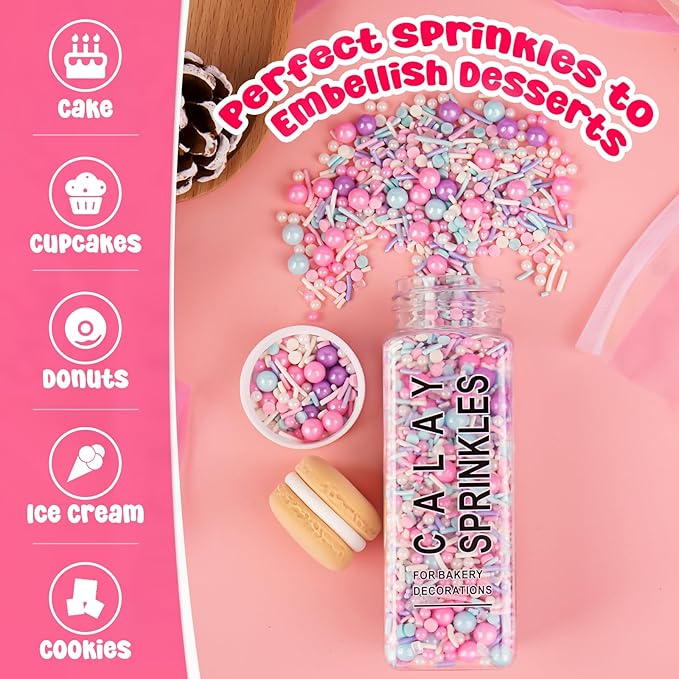 Sprinkles for Cake Decorating, 5.3Oz Pink Purple Blue and White Pearl Confetti Jimmies Sprinkles Mix Pastel Sprinkles for Cake Ice Cream Cupcakes Baking Topping