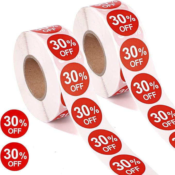 2 Rolls 30 Percent Off Discount Stickers, 1 Inch 30% Promotion Labels Round Price Markers Reduced Tags Sale Stickers for Retail Stores Supermarkets Shops (Red)