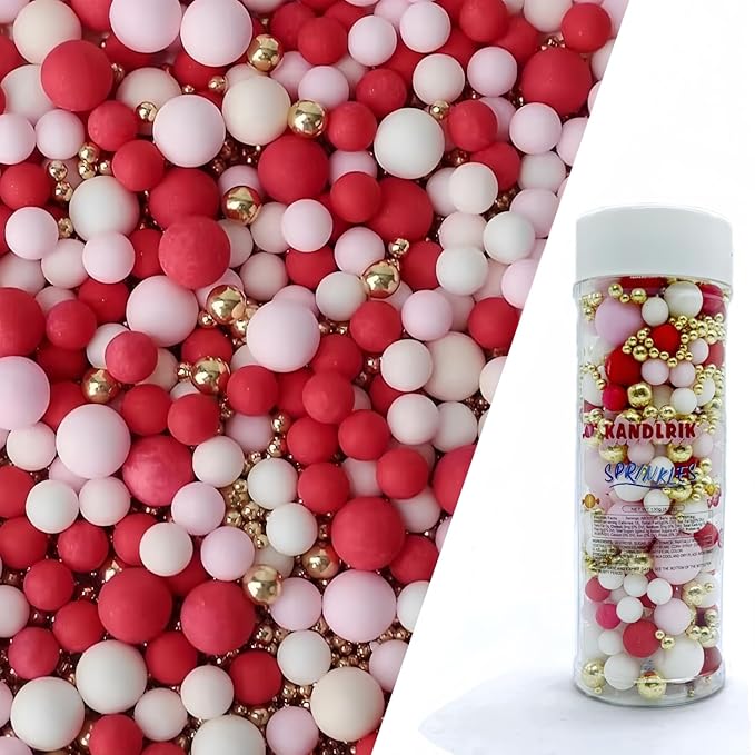Edible Red & Pink & White & Gold Sugar Pearls Sprinkles Candy Mix Size Pearls Cake Decorations Cupcake Toppers Decorating Perfect for Wedding Party Valentine Christmas Supplies 4.58OZ