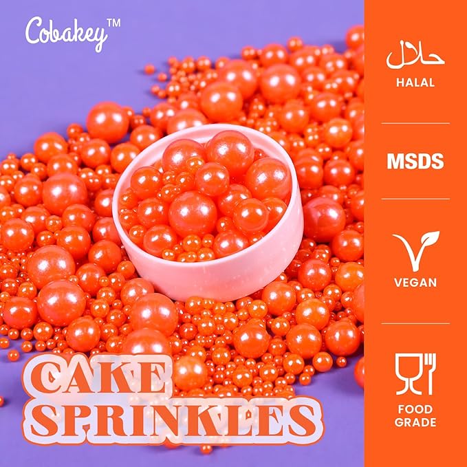 Cobakey Orange Sprinkles for Cake Decorations 3.52 ounce Edible Pearl Sprinkles for Cupcake Toppers Wedding Party Valentines Halloween Christmas Holiday Supplies