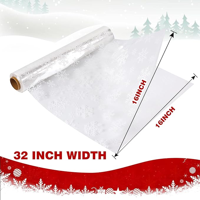 Kolewo4ever 100 Ft X 32 in Christmas Cellophane Wrap Roll Snowflake Clear Wrapping Paper Cellophane Bags Thick Snowflake Wrap Cellophane for Christmas Gift Wrapping (Christmas Snowflake)
