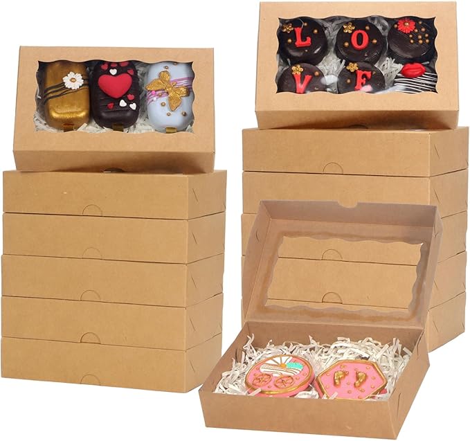 RomanticBaking 30 Pack DIY Assembly Brown 7 x 4 3/8 x 1½inches Cookies Boxes with Window Bakery Treat Boxes for Macaron Chocolate Truffle Cakesicle