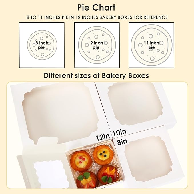 Moretoes 45pcs Pie Boxes 12x12x2.5 Inches White Bakery Boxes with Window for Cookie Cake, Treat, Pie, Pizza, Strawberries, Chocolate, Pastries, Muffins and Donuts