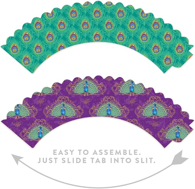 Andaz Press Party Cupcake Wrapper Decorations, Purple and Aqua Peacock Feathers, 24-Pack, Theme Colored Bulk Cake Supplies