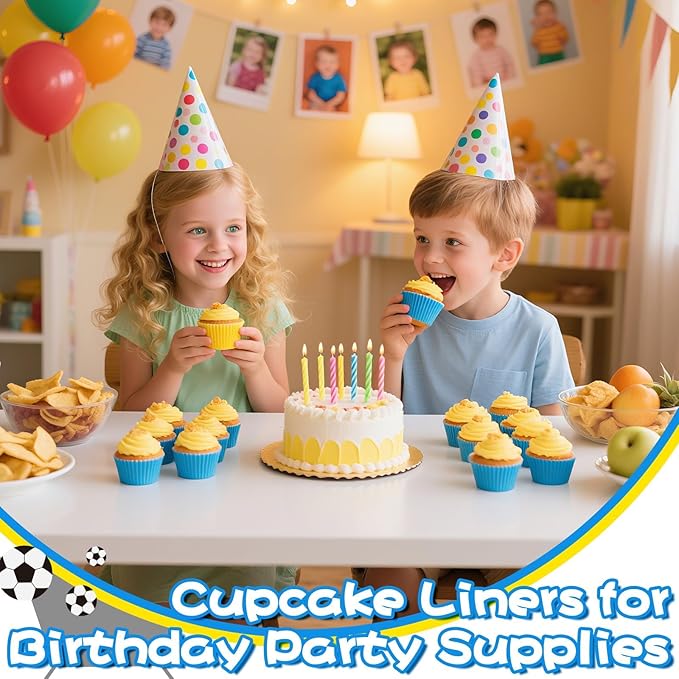 200PCS Blue and Yellow Cupcake Liners Muffin Baking Cups Wrappers for Yellow and Blue Birthday Party Supplies Disposable Pastel Cupcake Papers for Sports Theme Soccer Birthday Party Decorations