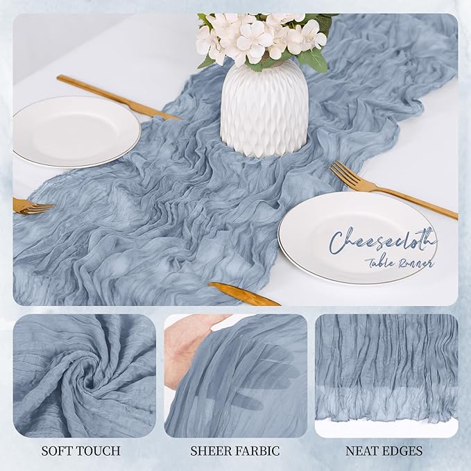 6 Pack Dusty Blue Cheesecloth Table Runner 17x108 Inch Semi Sheer Boho Gauze Cheese Cloth Fabric Table Runners, for Wedding Party Baby Shower Birthday Home Decor Garden Farmhouse