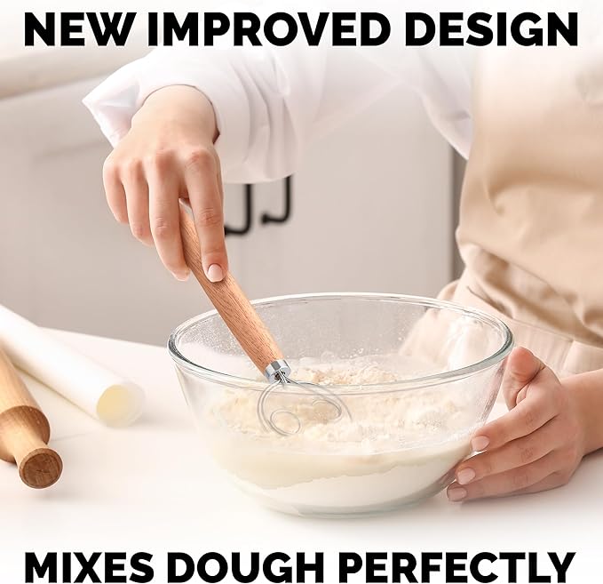 Zulay Kitchen Double-Eye 13" Danish Dough Whisk - Durable Easy Mixing Bread Whisk, Stainless Steel Sourdough Danish Hook, Sourdough For Mixing, Traditional Dutch Dough Mixer Tool - Rubberwood