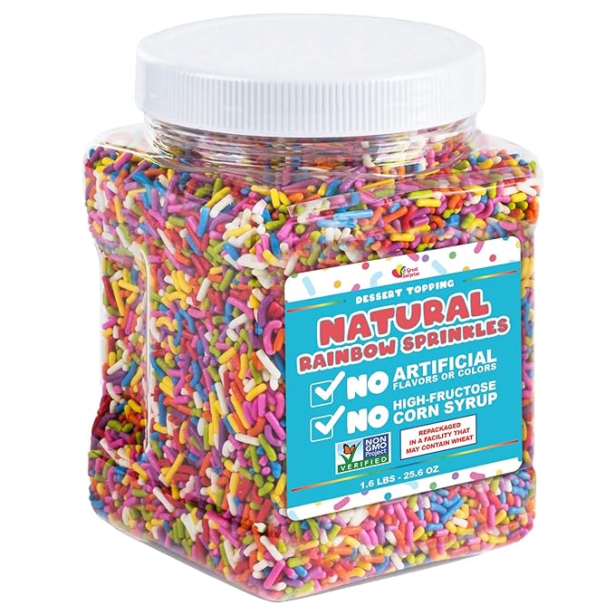 A Great Surprise Dye-Free Rainbow Sprinkles – 1.6 Pounds - Natural Vegan Baking Toppings with No Artificial Dyes or Flavors – Non-GMO Jimmies for Cookies, Cakes, Ice Cream & Cupcakes