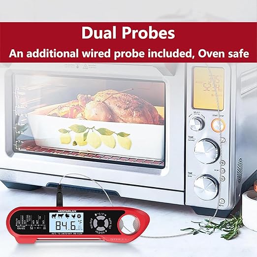 Digital Meat Thermometer – Waterproof Instant Read Food Thermometer for Cooking with Dual Probes, Backlight, Alarm, ºF/ºC for Steak, Oil, Frying, Candy, Grill, BBQ, Smoker, Oven