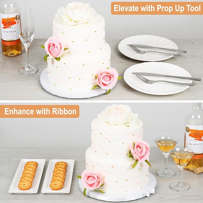BOARDS+ Cake Drums 10 & 12 Inch (2 Sizes, 12 Pack Total) | 1/2" Thick Cake Rounds + Prop Up Tool Included | 0.5" Sturdy Circles, Seamless & Greaseproof For Presenting Heavy/ Tiered Cakes