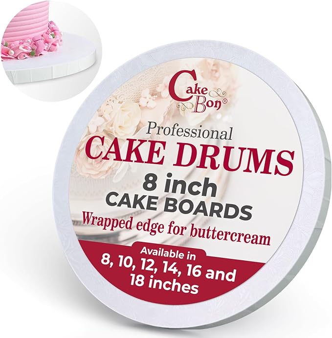 Cakebon Cake Boards - Sturdy 1/2 Thick Drums - 8 Inch Professional Fully Wrapped Edges White 3-Pack