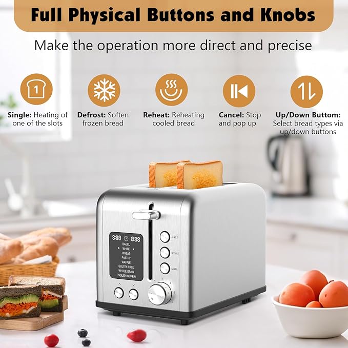 2-Slice Stainless Steel Toaster with Single Slice Function, 8 Bread Types & 6 Browning Levels, Timer Count-down Display, Defrost, Reheat and Cancel Setting with LED Lighting, Extra Lifting, 825W