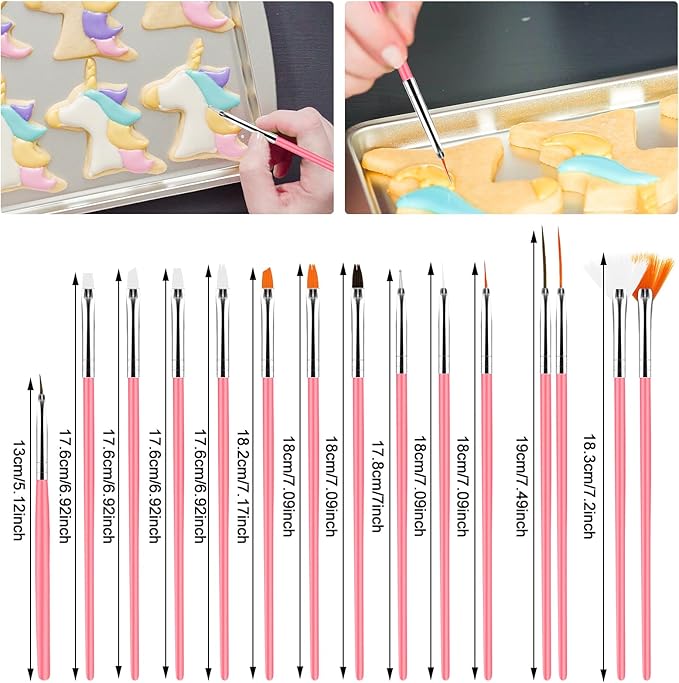 Aster 15Pcs Cake Decorating Brushes, Cake Painting Brushes Kit Food Safe Paint Brushes Fondant Sugar DIY Tools Set Cookie Decorating Supplies Candy Icing Pastry Brush for Baking(Pink)