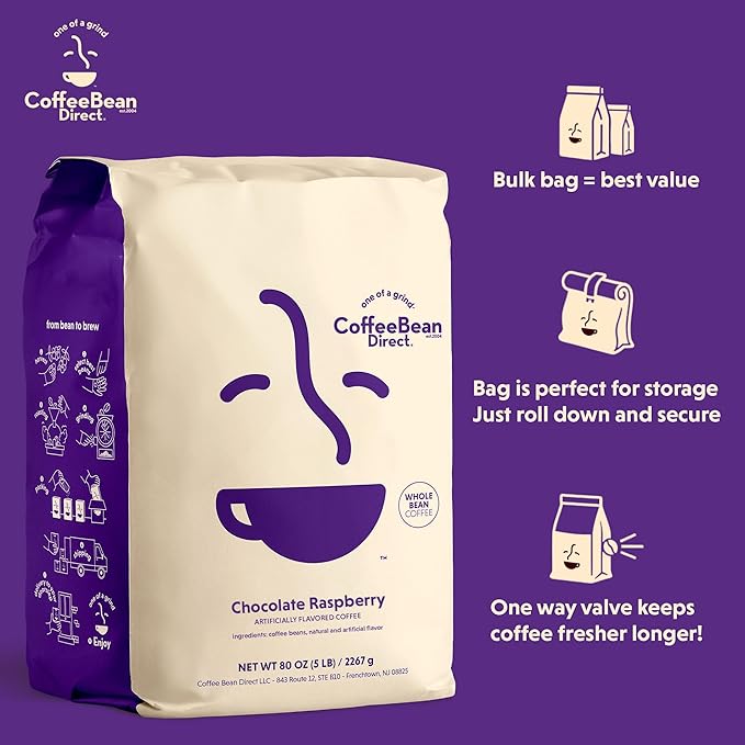 Coffee Bean Direct Chocolate Raspberry Flavored, Whole Bean Coffee, 5 Pound Bag (Pack of 1)