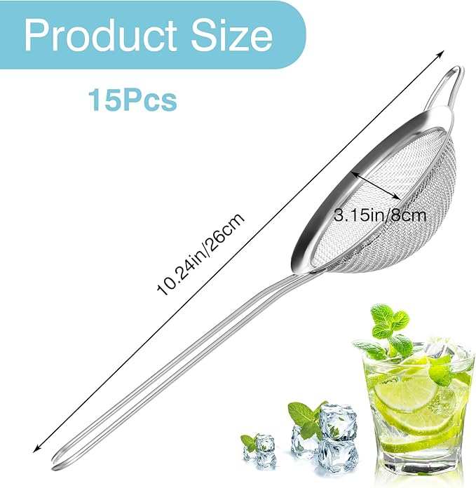 15 Pcs Stainless Steel Small Strainer, Small Fine Mesh Tea Strainer, Mini Stainless Steel Sieve with Handle, Kitchen Metal Sifter Strainers for Tea, Juicing, Coffee, Cocktail, Powdered Sugar, Matcha