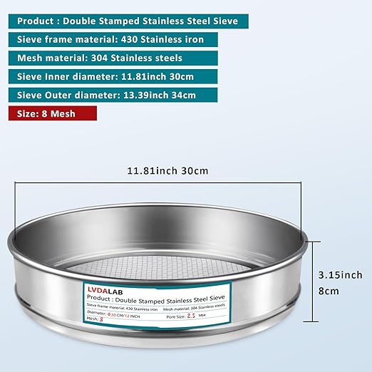304 Stainless Steel Lab Sieve Screen Mesh, 8 Mesh (2.5mm) Aperture Test Sieve, 12Inch(30cm) Diameter Economy Standard Analysis Sample Test Sieves for Industrial Laboratory Homes