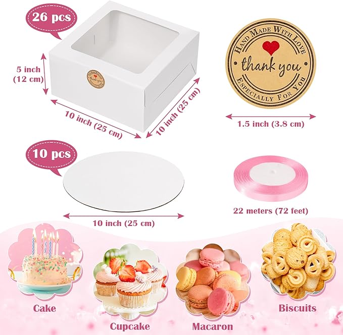 26pcs 10x10x5 Inches White Bakery Boxes Cake Boxes, White Bread Boxes with Windows for Pastries, Cupcakes,Cookies, Pie, Muffins and Donuts, Cake Boards Included