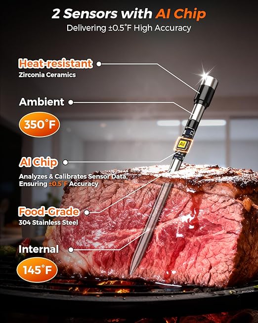 2025 AI Wireless Meat Thermometer, Smart Bluetooth Meat Thermometer Digital, ±0.5°F High Accuracy, Grill Temperature Probe for BBQ, Grilling, Smoker, Oven, Cooking, Air Fryer, 1 Probe